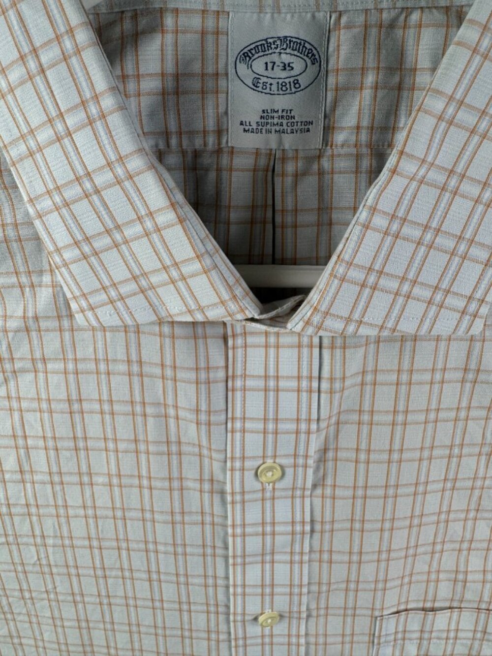 Brooks Brothers Men Non Iron Button Up Shirt Orange Blue Plaid 17 35 Slim Fit **